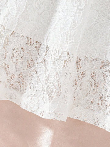 Young Girls Sweet Lace Dress With Ruffle Bell Sleeve, Round Neck, Solid Color, Waist Belt Young Girls Sweet Lace Dress With Ruffle Bell Sleeve, Round Neck, Solid Color, Waist Belt