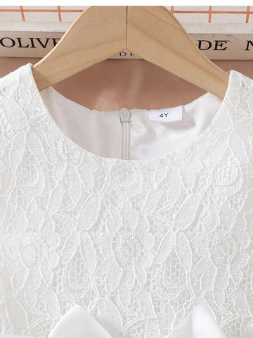 Young Girls Sweet Lace Dress With Ruffle Bell Sleeve, Round Neck, Solid Color, Waist Belt Young Girls Sweet Lace Dress With Ruffle Bell Sleeve, Round Neck, Solid Color, Waist Belt