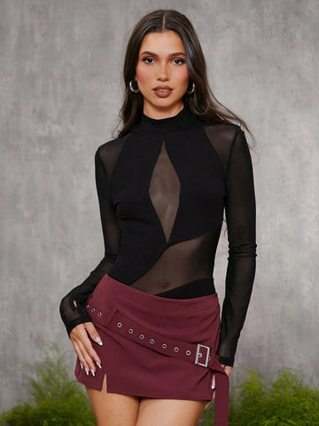 The Perfect Party Designer Women's Green Sheer Stand Collar Thumb Cut Bodysuit, Holiday, New Year, Thanksgiving The Perfect Party Designer Women's Green Sheer Stand Collar Thumb Cut Bodysuit, Holiday, New Year, Thanksgiving
