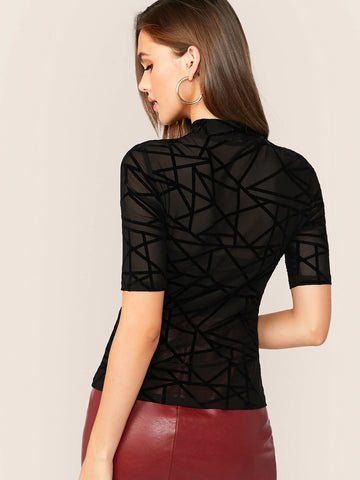 Mock Neck Mesh Overlay Geo Print Fitted Top Without Tube Mock Neck Mesh Overlay Geo Print Fitted Top Without Tube