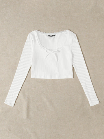 Lace Trim Bow Front Rib-knit Tee Lace Trim Bow Front Rib-knit Tee
