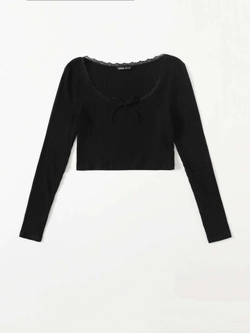 Lace Trim Bow Front Rib-knit Tee Lace Trim Bow Front Rib-knit Tee