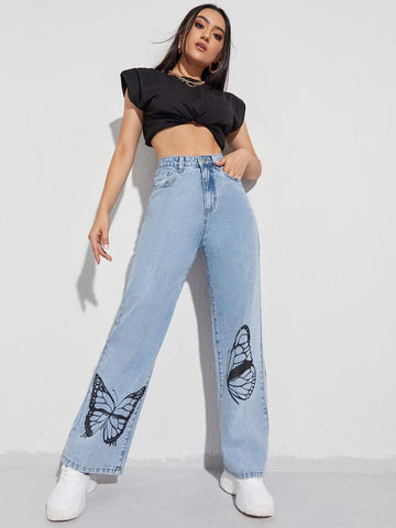 Butterfly Print Wide Leg Jeans Butterfly Print Wide Leg Jeans