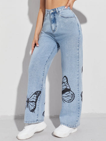 Butterfly Print Wide Leg Jeans Butterfly Print Wide Leg Jeans