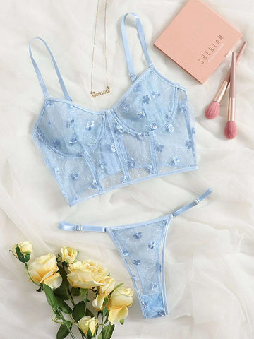 Floral Embroidered Mesh Underwire Lingerie Set Floral Embroidered Mesh Underwire Lingerie Set