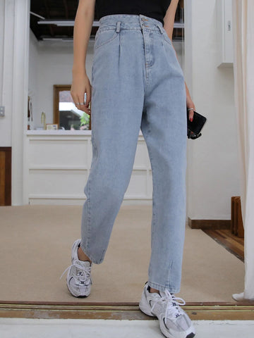 DAZY Solid Double Button High Waist Zipper Fly Mom Fit Jeans DAZY Solid Double Button High Waist Zipper Fly Mom Fit Jeans