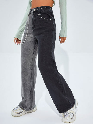 High Waist Wide Leg Grommet Eyelet Jeans With Chain High Waist Wide Leg Grommet Eyelet Jeans With Chain