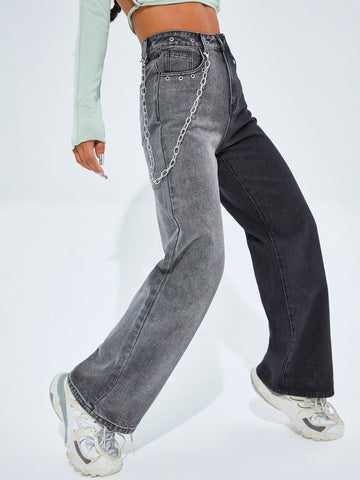 High Waist Wide Leg Grommet Eyelet Jeans With Chain High Waist Wide Leg Grommet Eyelet Jeans With Chain