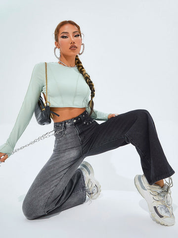 High Waist Wide Leg Grommet Eyelet Jeans With Chain High Waist Wide Leg Grommet Eyelet Jeans With Chain