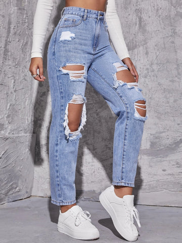 High Waist Straight Leg Ripped Jeans High Waist Straight Leg Ripped Jeans