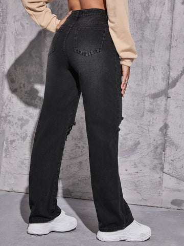 High Waist Straight Leg Ripped Jeans High Waist Straight Leg Ripped Jeans