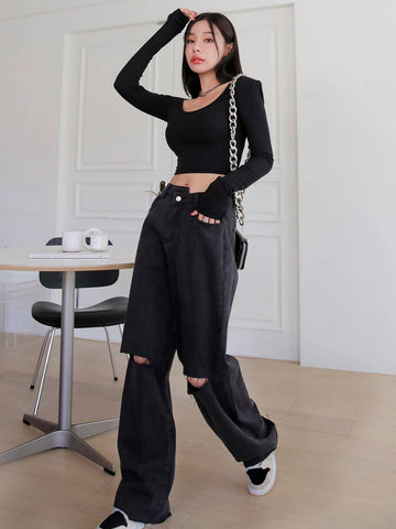 DAZY Stepped Waist Knee Ripped Boyfriend Jeans DAZY Stepped Waist Knee Ripped Boyfriend Jeans