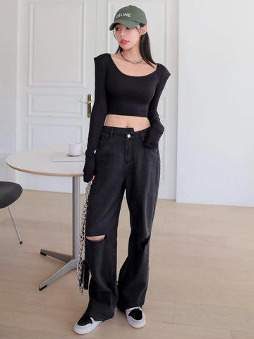 DAZY Stepped Waist Knee Ripped Boyfriend Jeans DAZY Stepped Waist Knee Ripped Boyfriend Jeans