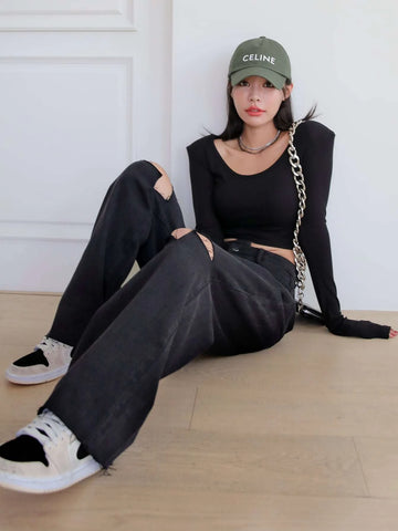 DAZY Stepped Waist Knee Ripped Boyfriend Jeans DAZY Stepped Waist Knee Ripped Boyfriend Jeans