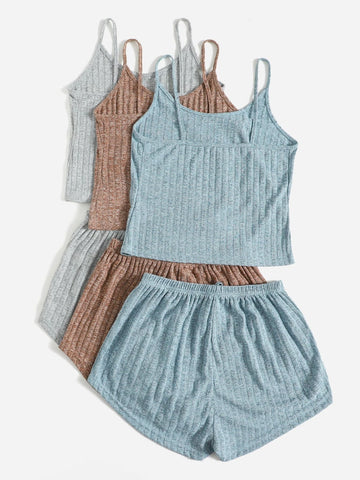 3sets Ribbed Knit Cami Top & Tie Front Shorts Lounge Set 3sets Ribbed Knit Cami Top & Tie Front Shorts Lounge Set