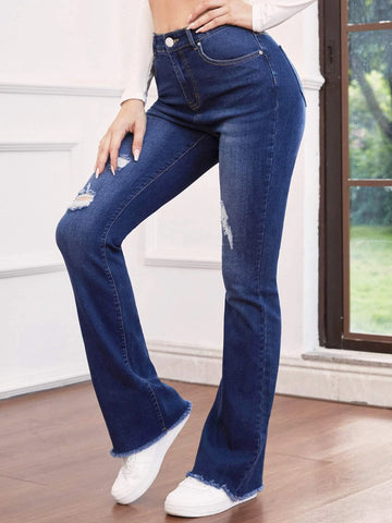 High Waist Ripped Raw Trim Flare Leg Jeans High Waist Ripped Raw Trim Flare Leg Jeans
