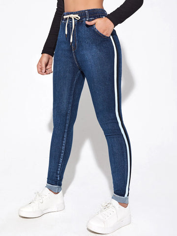 Contrast Binding Drawstring Skinny Jeans Contrast Binding Drawstring Skinny Jeans