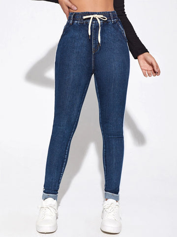 Contrast Binding Drawstring Skinny Jeans Contrast Binding Drawstring Skinny Jeans