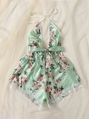 Floral Print Knot Front Eyelash Lace Trim Satin Teddy Bodysuit Floral Print Knot Front Eyelash Lace Trim Satin Teddy Bodysuit
