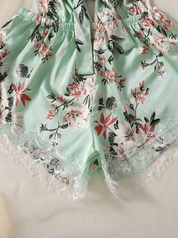 Floral Print Knot Front Eyelash Lace Trim Satin Teddy Bodysuit Floral Print Knot Front Eyelash Lace Trim Satin Teddy Bodysuit