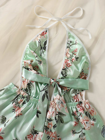 Floral Print Knot Front Eyelash Lace Trim Satin Teddy Bodysuit Floral Print Knot Front Eyelash Lace Trim Satin Teddy Bodysuit