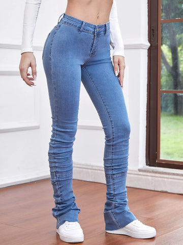Solid Ruched Stacked Skinny Jeans Solid Ruched Stacked Skinny Jeans