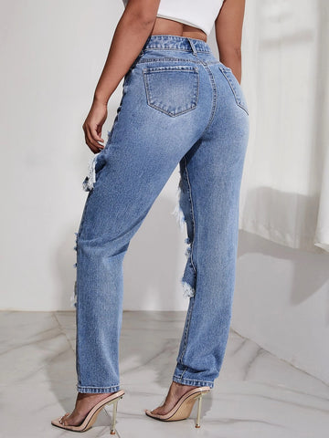 High Waist Light Washed Ripped Straight Jeans High Waist Light Washed Ripped Straight Jeans