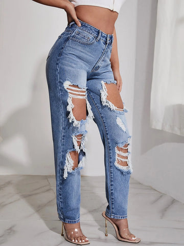 High Waist Light Washed Ripped Straight Jeans High Waist Light Washed Ripped Straight Jeans