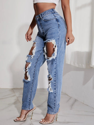 High Waist Light Washed Ripped Straight Jeans High Waist Light Washed Ripped Straight Jeans