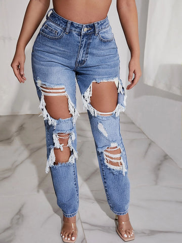 High Waist Light Washed Ripped Straight Jeans High Waist Light Washed Ripped Straight Jeans
