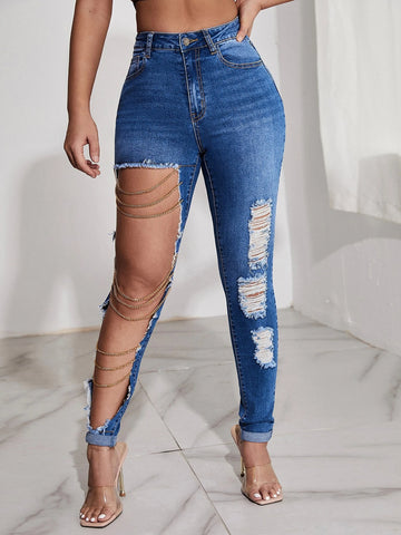 SXY High Waist Ripped Chain Detail Jeans SXY High Waist Ripped Chain Detail Jeans