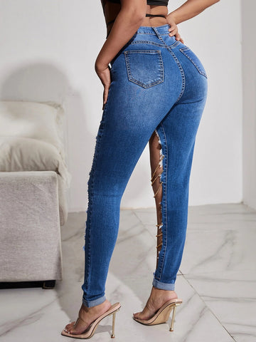 SXY High Waist Ripped Chain Detail Jeans SXY High Waist Ripped Chain Detail Jeans