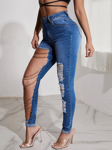SXY High Waist Ripped Chain Detail Jeans SXY High Waist Ripped Chain Detail Jeans