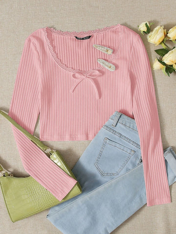Lace Trim Bow Front Rib-knit Tee Lace Trim Bow Front Rib-knit Tee