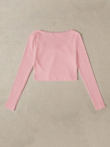 Lace Trim Bow Front Rib-knit Tee Lace Trim Bow Front Rib-knit Tee