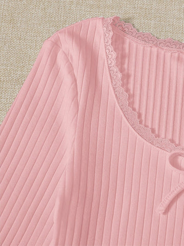 Lace Trim Bow Front Rib-knit Tee Lace Trim Bow Front Rib-knit Tee