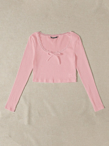 Lace Trim Bow Front Rib-knit Tee Lace Trim Bow Front Rib-knit Tee