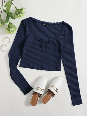 Lace Trim Bow Front Rib-knit Tee Lace Trim Bow Front Rib-knit Tee