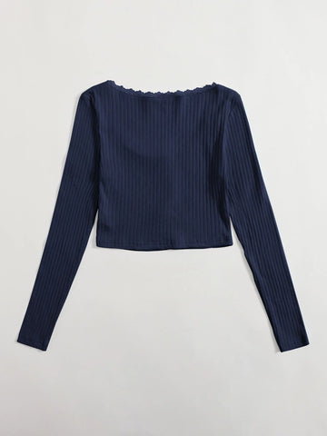 Lace Trim Bow Front Rib-knit Tee Lace Trim Bow Front Rib-knit Tee