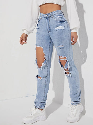 Ripped Detail Straight Leg Jeans Ripped Detail Straight Leg Jeans