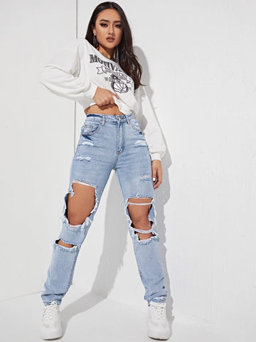 Ripped Detail Straight Leg Jeans Ripped Detail Straight Leg Jeans