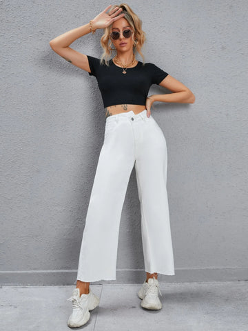 Stepped Waist Raw Cut Wide Leg Jeans Stepped Waist Raw Cut Wide Leg Jeans