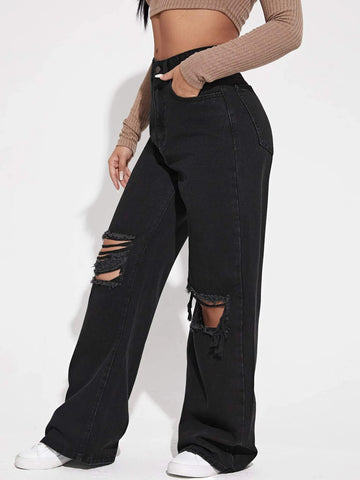 High Waist Ripped Frayed Wide Leg Jeans High Waist Ripped Frayed Wide Leg Jeans