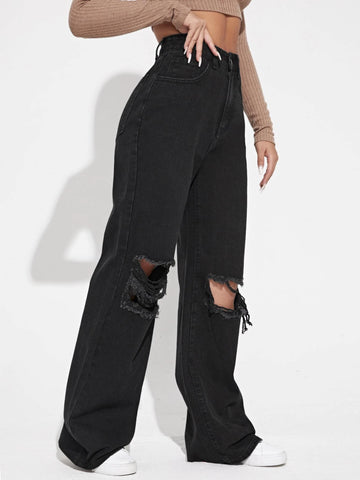 High Waist Ripped Frayed Wide Leg Jeans High Waist Ripped Frayed Wide Leg Jeans