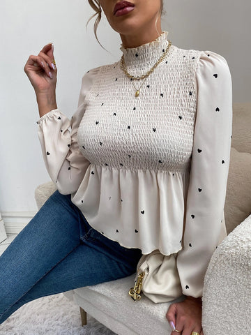 Heart Print Shirred Bishop Sleeve Stand Collar Blouse Heart Print Shirred Bishop Sleeve Stand Collar Blouse