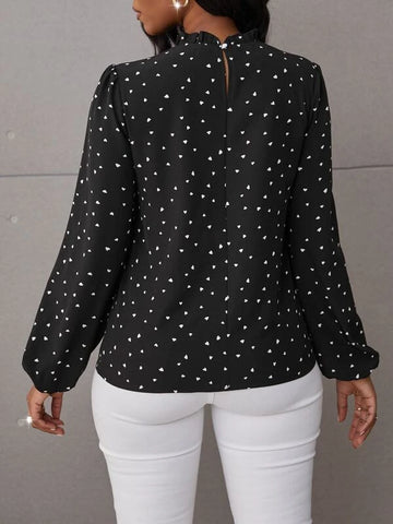 Confetti Heart Print Bishop Sleeve Frilled Neck Blouse Confetti Heart Print Bishop Sleeve Frilled Neck Blouse