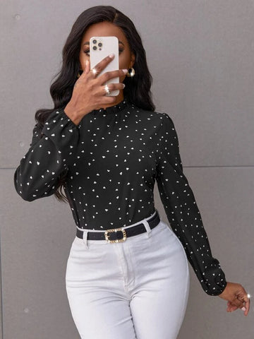 Confetti Heart Print Bishop Sleeve Frilled Neck Blouse Confetti Heart Print Bishop Sleeve Frilled Neck Blouse