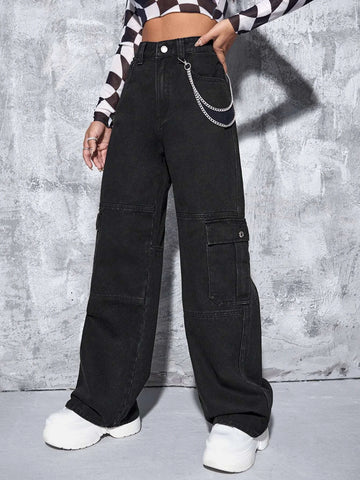High Waisted Flap Pocket Chain Detail Cargo Jeans High Waisted Flap Pocket Chain Detail Cargo Jeans