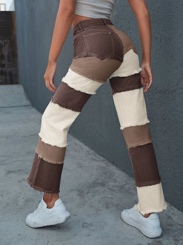 Raw Hem Colorblock Straight Jeans Raw Hem Colorblock Straight Jeans