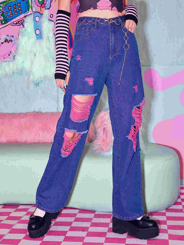 ROMWE Anime Ripped Straight Leg Jeans ROMWE Anime Ripped Straight Leg Jeans